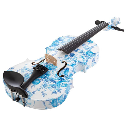4/4 Blue White Floral Art Violin with Case Bow Rosin & Shoulder Rest