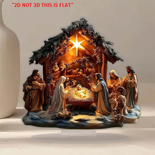 Religious Christmas Nativity Scene Tabletop Decoration with 2D Flat Design - Creative Christian Holiday Decor for DeskTop