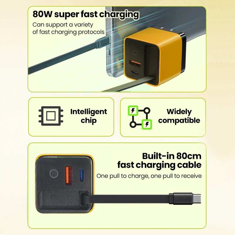 80W Super Fast Charge Type C USB Phone Charger With Telescopic USB C Cable For Iphone 16 15, Samsung, Laptop, With Light