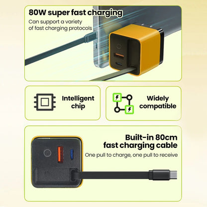 80W Super Fast Charge Type C USB Phone Charger With Telescopic USB C Cable For Iphone 16 15, Samsung, Laptop, With Light