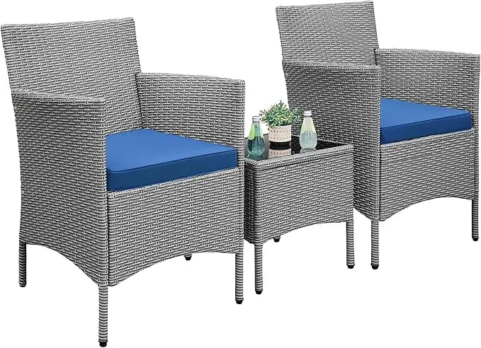 3 Pieces Patio Porch Furniture Set, Outdoor PE Rattan Wicker Conversation Set with Soft Cushions, Glass Coffee Table