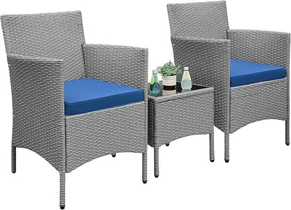 3 Pieces Patio Porch Furniture Set, Outdoor PE Rattan Wicker Conversation Set with Soft Cushions, Glass Coffee Table
