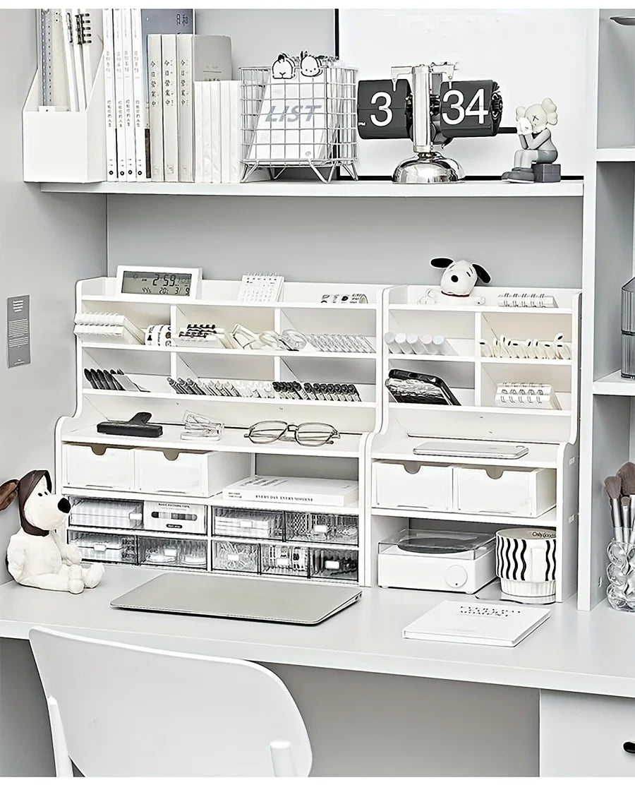 1PC, 2-Tier Desk Organizer & Drawer Storage With Tilt Pen Holder and Raised Bookshelf