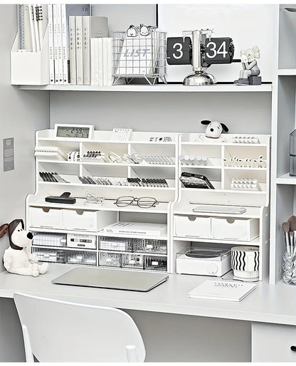 1PC, 2-Tier Desk Organizer & Drawer Storage With Tilt Pen Holder and Raised Bookshelf