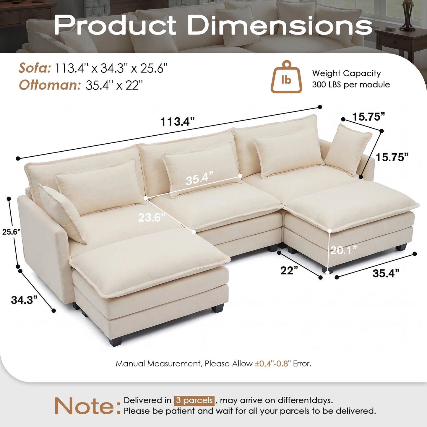 Redlife 113.4" Modular Sectional Sofa with Ottoman, Comfy Cloud Couch with Deep Seat (23.6" D), Solid Wood Frame, for Living Room