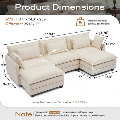 Redlife 113.4" Modular Sectional Sofa with Ottoman, Comfy Cloud Couch with Deep Seat (23.6" D), Solid Wood Frame, for Living Room