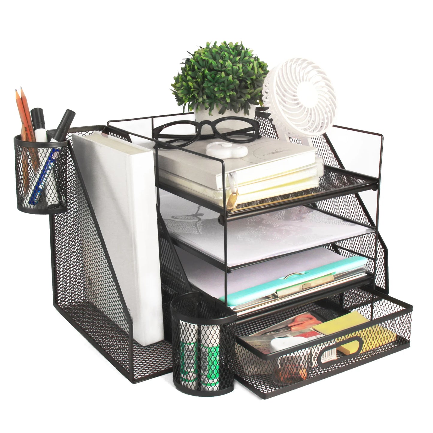 Office Desktop, 4 Tray File Organizer with Drawer and 2 Pen Holders
