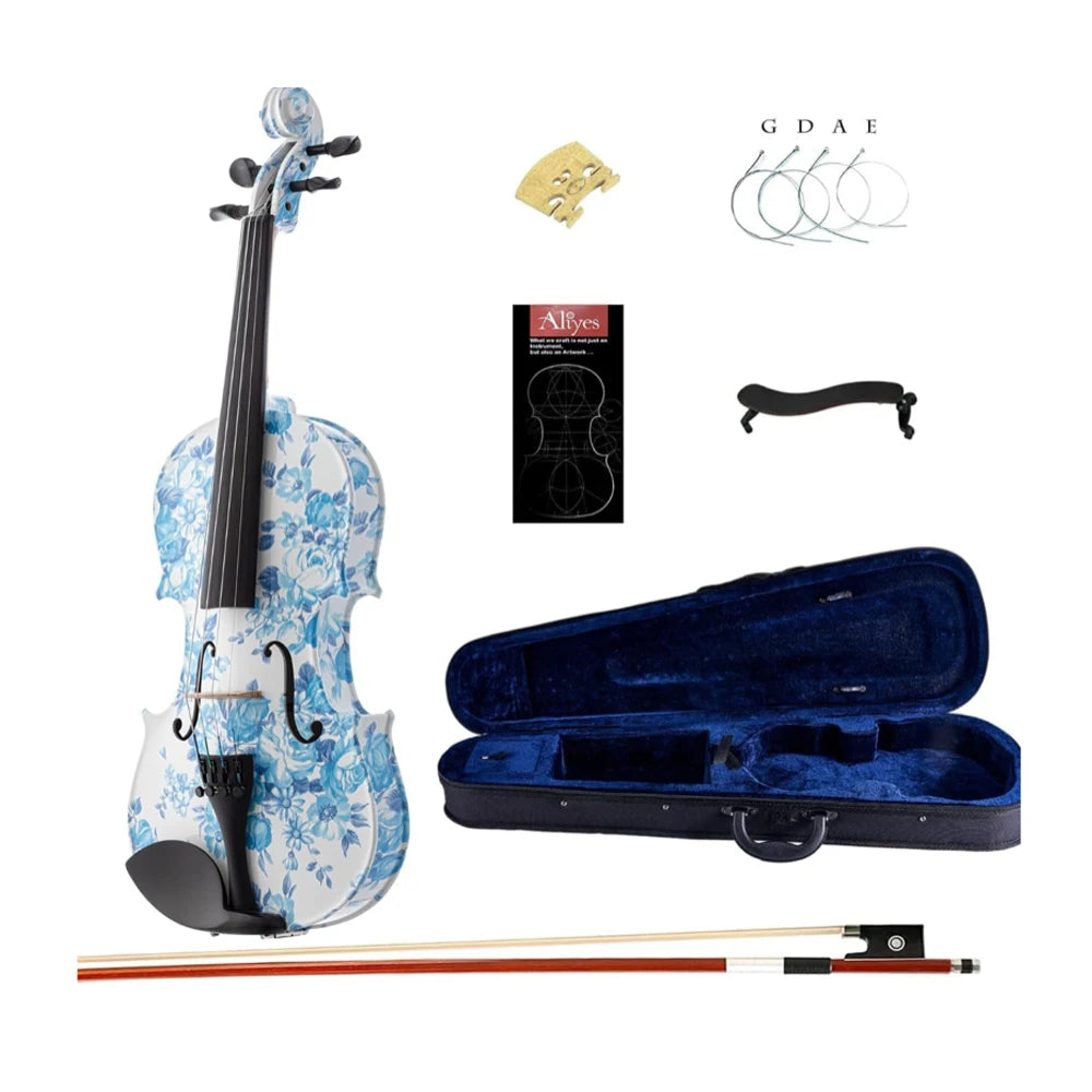 4/4 Blue White Floral Art Violin with Case Bow Rosin & Shoulder Rest