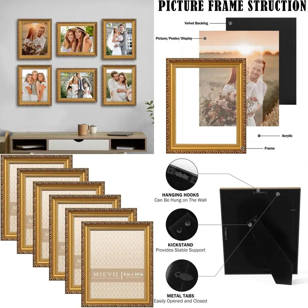 Gold Vintage 8x10 Picture Frames Set of 6 for Wall and Table