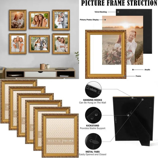 Gold Vintage 8x10 Picture Frames Set of 6 for Wall and Table