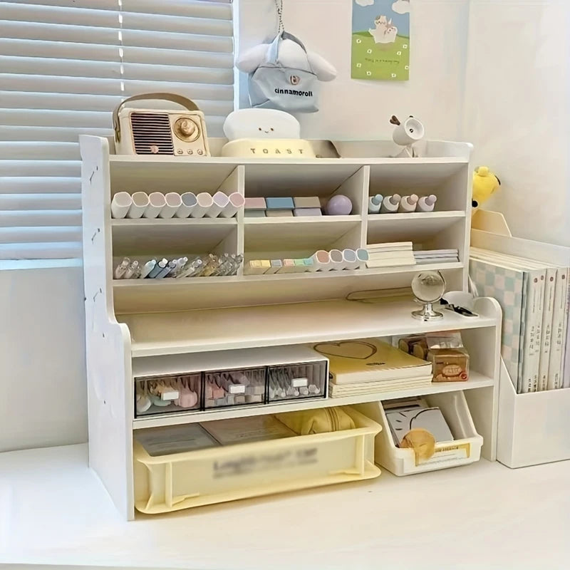 1PC, 2-Tier Desk Organizer & Drawer Storage With Tilt Pen Holder and Raised Bookshelf