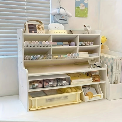 1PC, 2-Tier Desk Organizer & Drawer Storage With Tilt Pen Holder and Raised Bookshelf