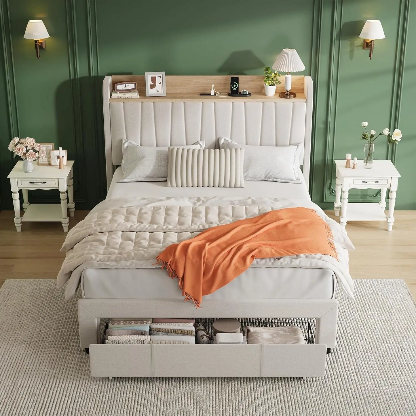 Queen Size Upholstered Platform Bed Frame with Storage Drawers