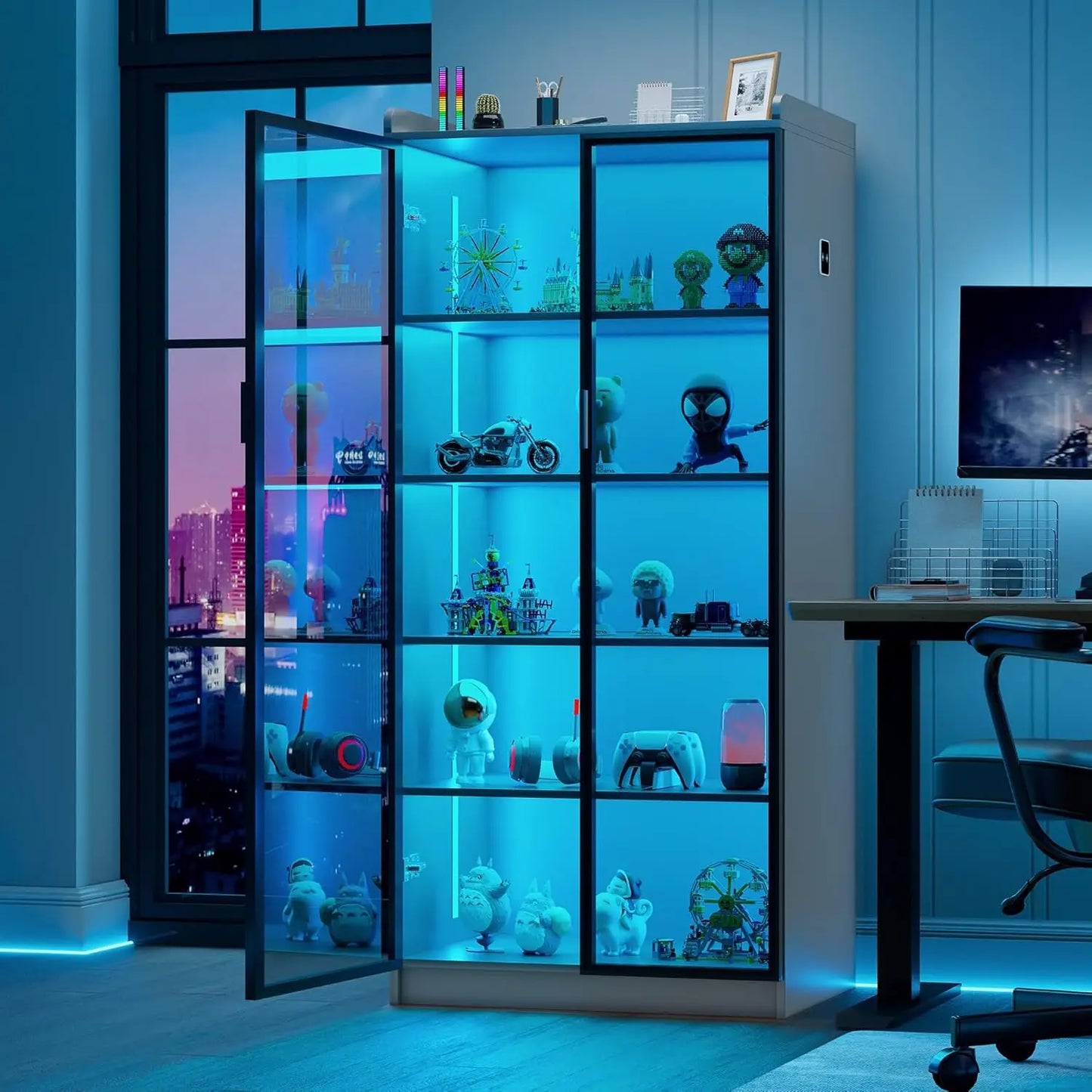5 Tier Display Cabinet for Living Room, LED Bookcase with Human Body Induction Lights, 65” Tall Curio Cabinet