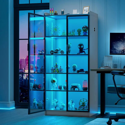 5 Tier Display Cabinet for Living Room, LED Bookcase with Human Body Induction Lights, 65” Tall Curio Cabinet