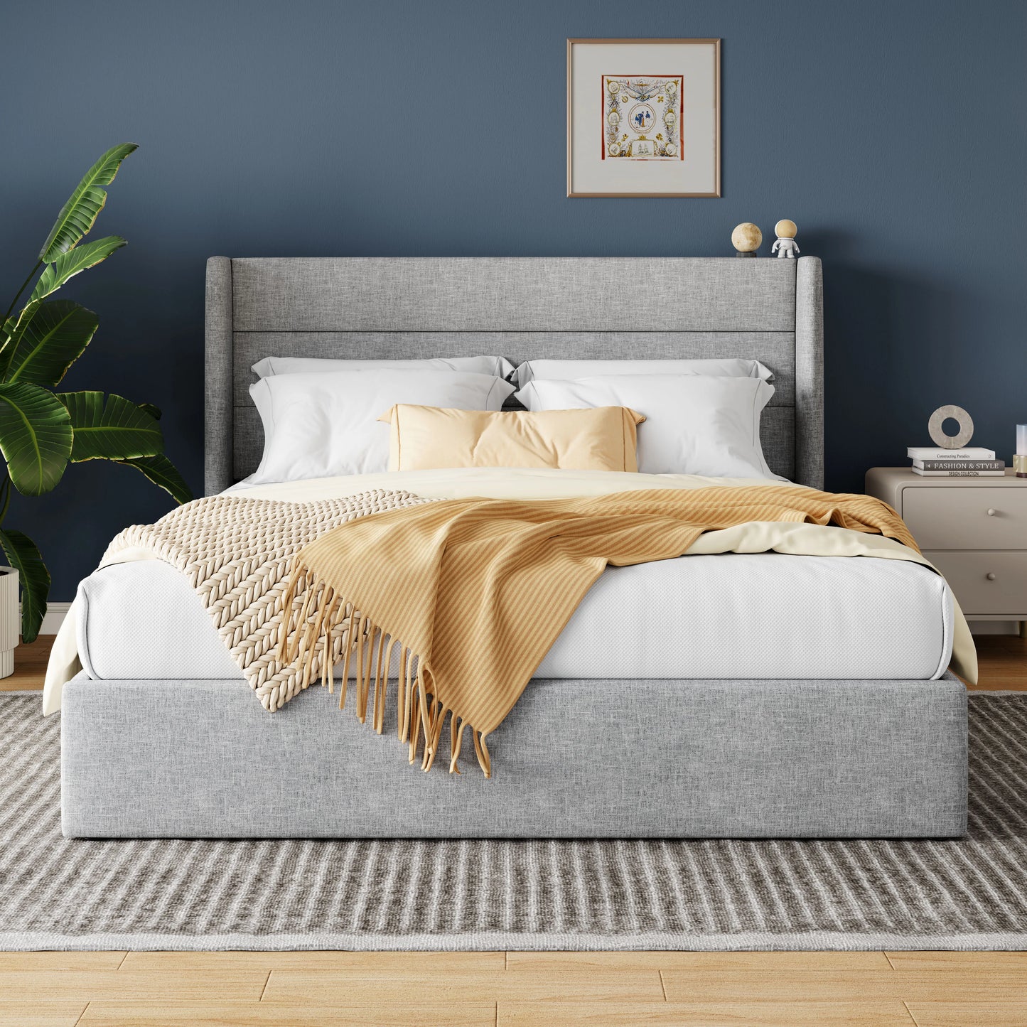 Heavy-Duty Hydraulic Lift Up Storage Bed with Wingback Headboard