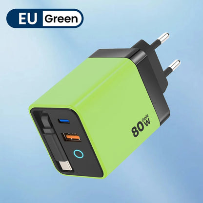 80W Super Fast Charge Type C USB Phone Charger With Telescopic USB C Cable For Iphone 16 15, Samsung, Laptop, With Light
