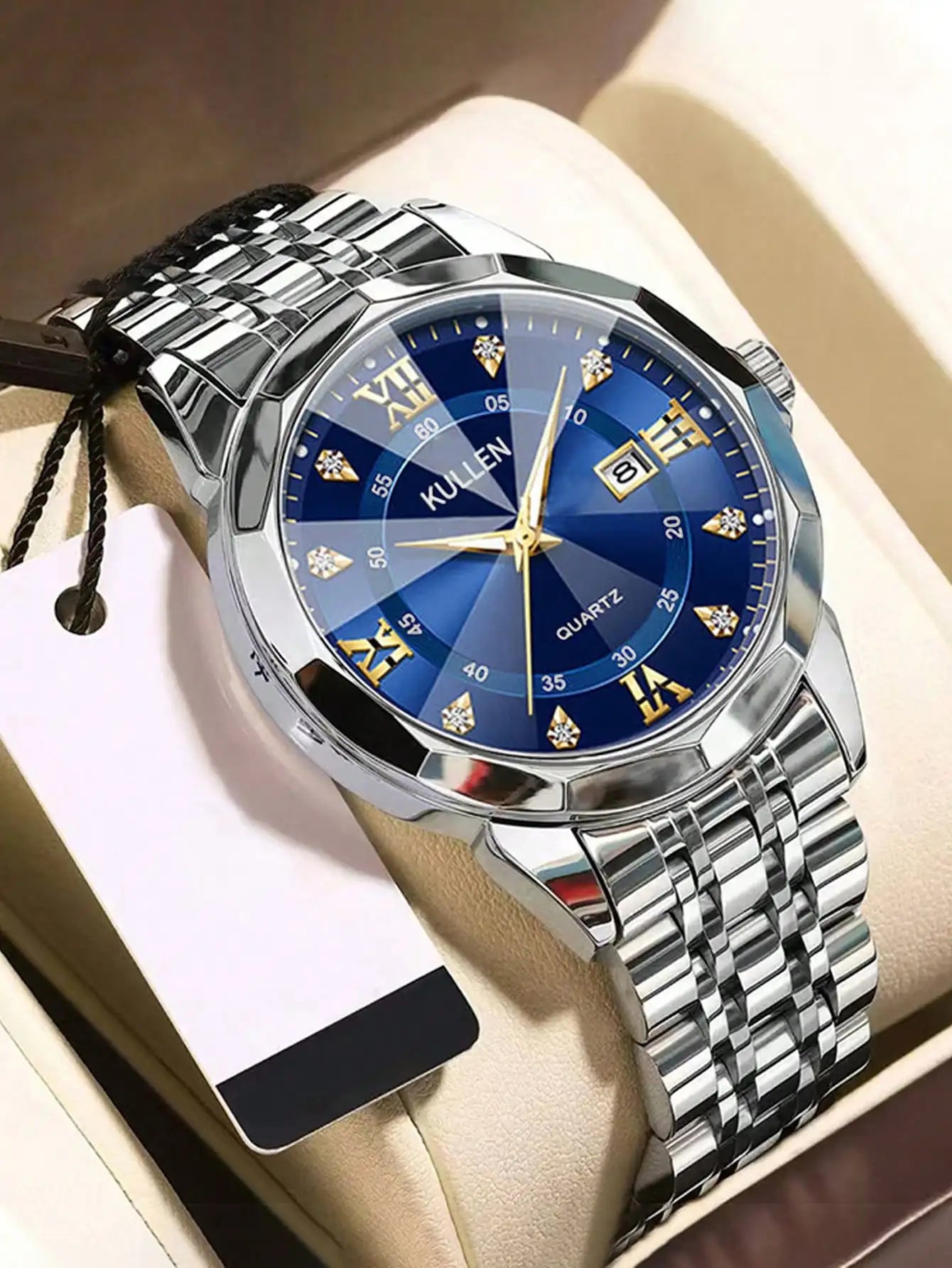 Men's Blue Dial Roman Numeral Quartz Watch with Stainless Steel Band