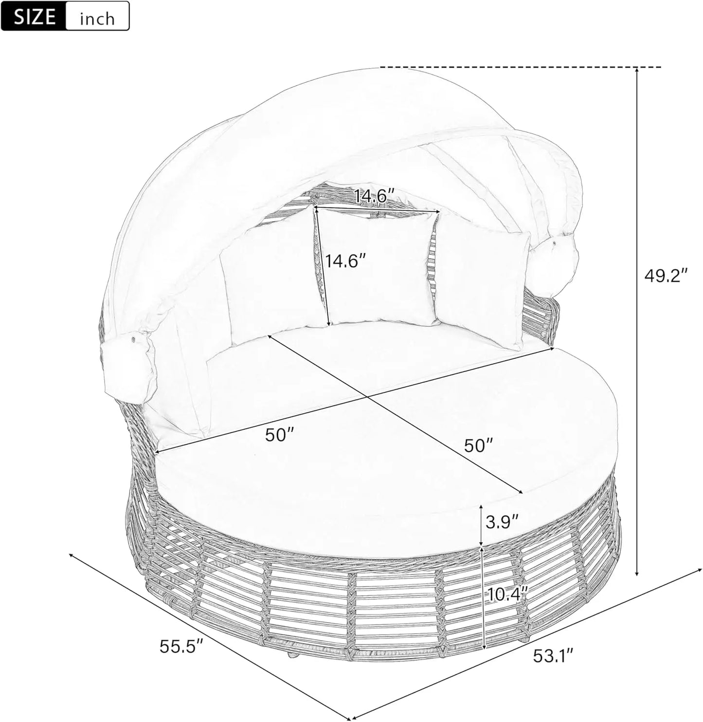 Round Outdoor Patio Rattan Daybed with Retractable Canopy Wicker Furniture Round Poolside Sofa Sunbed with Removable Cushions