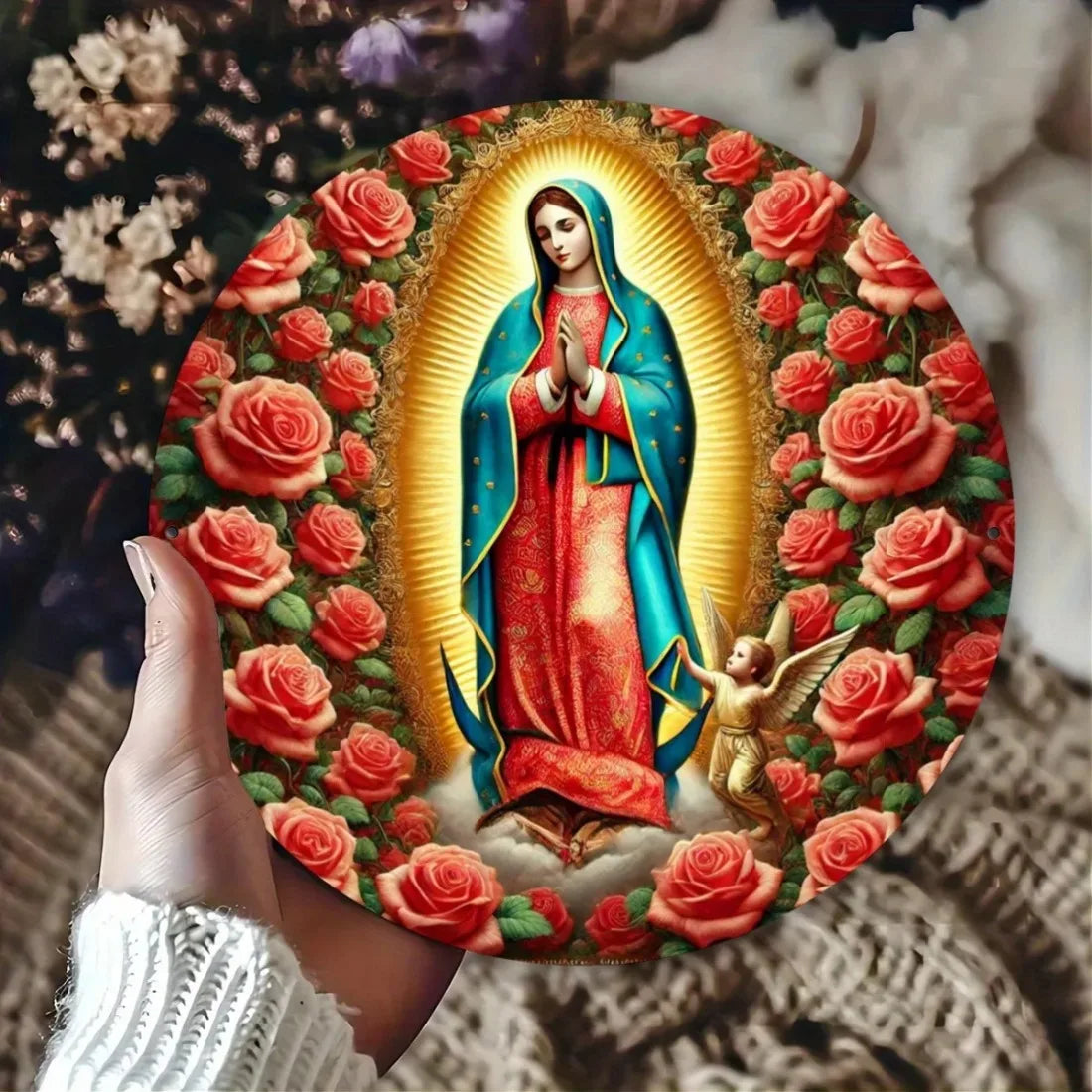 Virgin Mary Wall Décor Art, Waterproof Red Rose Hanging Plaque