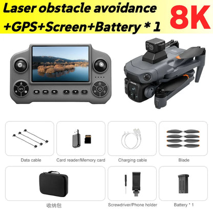 RC Quadcopter with LCD Screen Remote Control Drone Laser Obstacle Avoidance 8K GPS Professional Camera