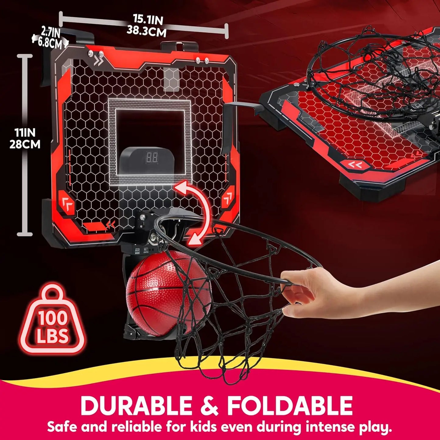 Mini Indoor Basketball Hoop Light Up Over The Door Basket Ball Hoop for Kids with 4 Balls