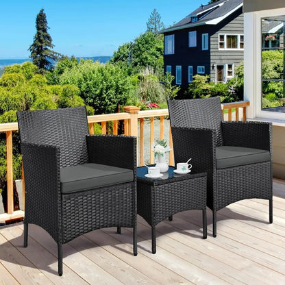 3 Pieces Patio Porch Furniture Set, Outdoor PE Rattan Wicker Conversation Set with Soft Cushions, Glass Coffee Table