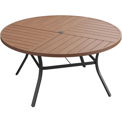Outdoor Patio Round Dining Table for 6, 49.9" x 49.9" Metal Sleek Slat Dining Table with Umbrella Hole for Lawn Garden Deck Back