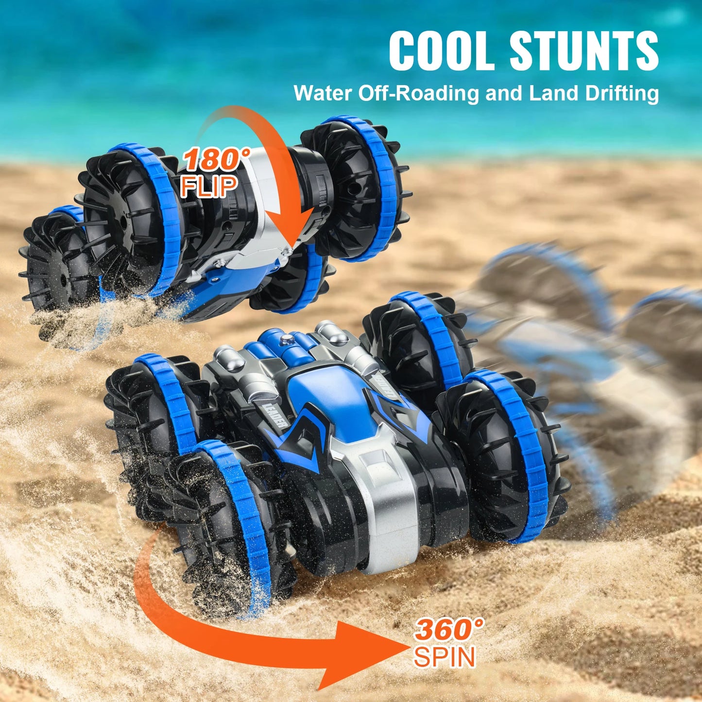 Blue/Yellow Amphibious RC Car/Boat 2.4GHz 12 km/h 360° Rotating Stunt Car Water Beach Pool Toy