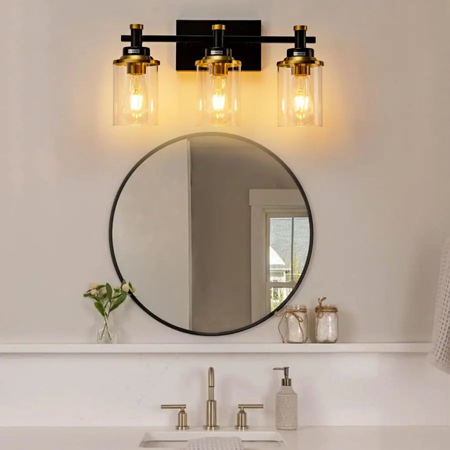 Black and Brushed Gold Vanity Light Fixture Over Mirror Style