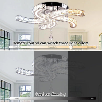 19.7" Dimmable Crystal Semi Flush Mount 5-Light LED Modern Chandelier with Remote