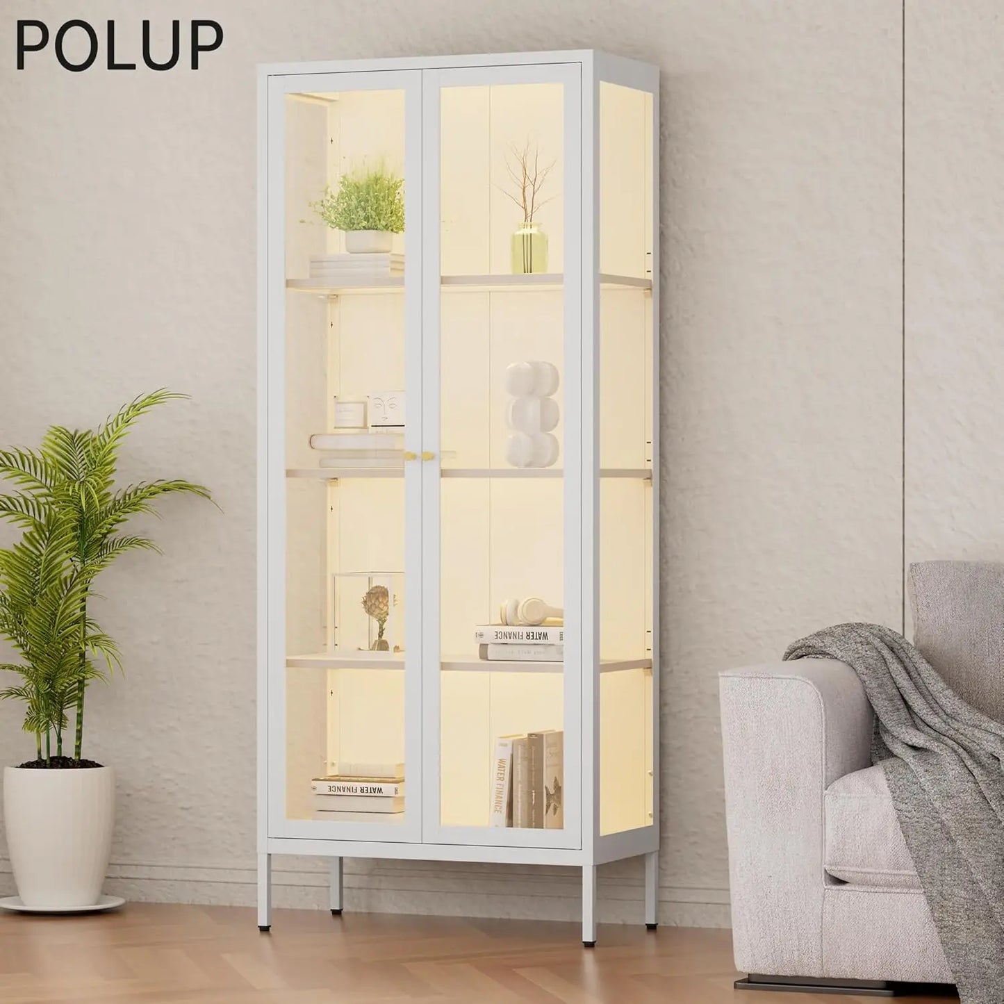 Display Cabinet with 3 Color LED Lights and Tempered Glass, 66 Inch Tall With 3 Sided Glass, White