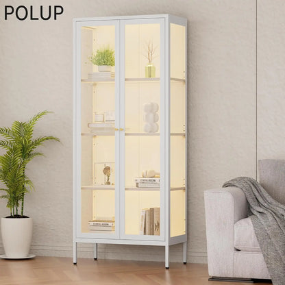 Display Cabinet with 3 Color LED Lights and Tempered Glass, 66 Inch Tall With 3 Sided Glass, White