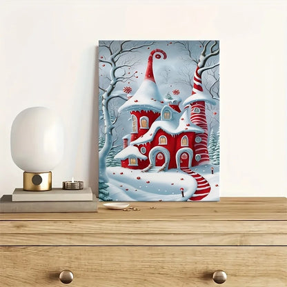 Candy Cane Castle & Bright Red-Blue Snow Scene | Solid Wood Pine Framed Oil Painting | Festive Decor for Living Room