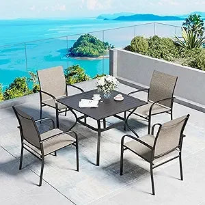 Patio Dining Set of 4, 37”Square Table with Umbrella Hole, Brown Metal Chairs x 4, Outdoor Table and Chairs for Lawn and Deck