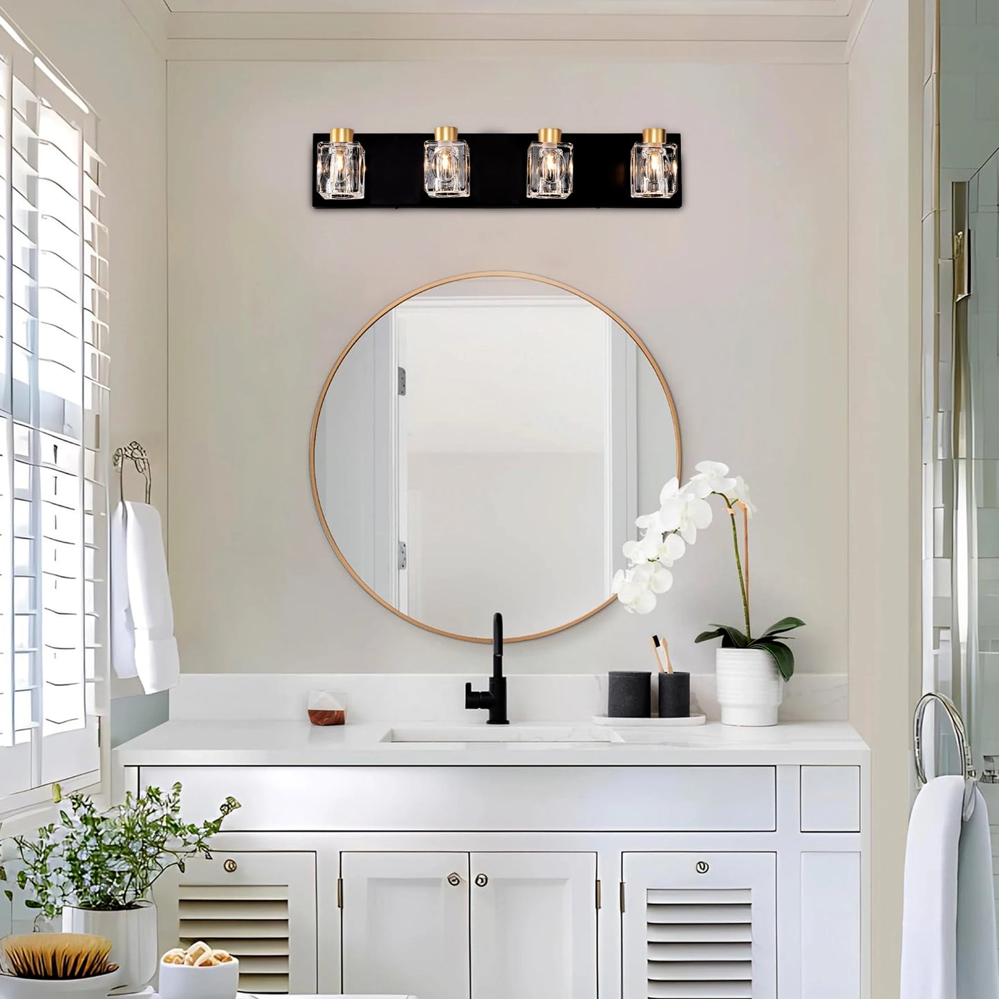 4-Light Matte Black + Gold Bathroom Light Fixtures, with Crystal Glass Shades