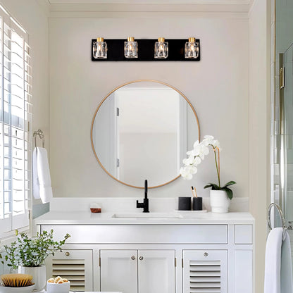 4-Light Matte Black + Gold Bathroom Light Fixtures, with Crystal Glass Shades