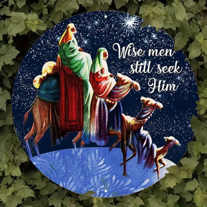 1PC Round Nativity Scene Metal Wall Art -2D "Wise Men Still Seek Him" for Home, Office and Church
