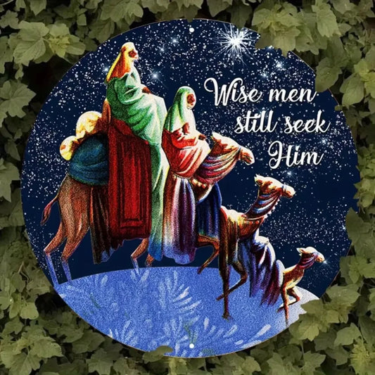1PC Round Nativity Scene Metal Wall Art -2D "Wise Men Still Seek Him" for Home, Office and Church