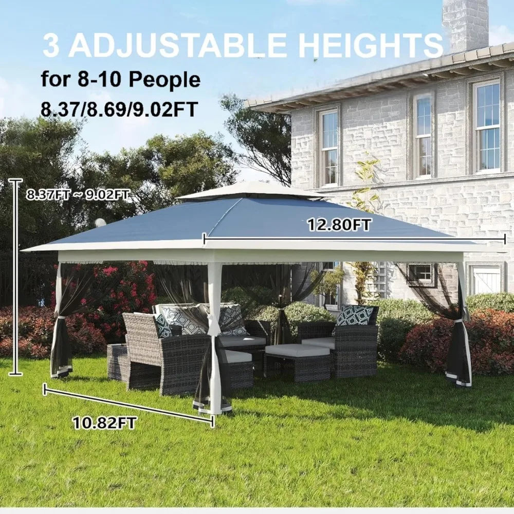 13x13 Outdoor Gazebo, Double Roof Patio Gazebo with Mosquito Netting, 3 Adjustable Heights Foldable Tent Shelter Quick Setup, fo