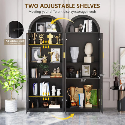 Arch Display Cabinet with Doors and Adjustable Shelves, 76" Tall Curio Cabinet with LED Lights/Storage Space