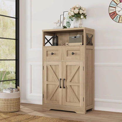 Natural Wood Storage Cabinet with Drawers and Shelves Standing Kitchen Pantry Cabinet for Home or Office