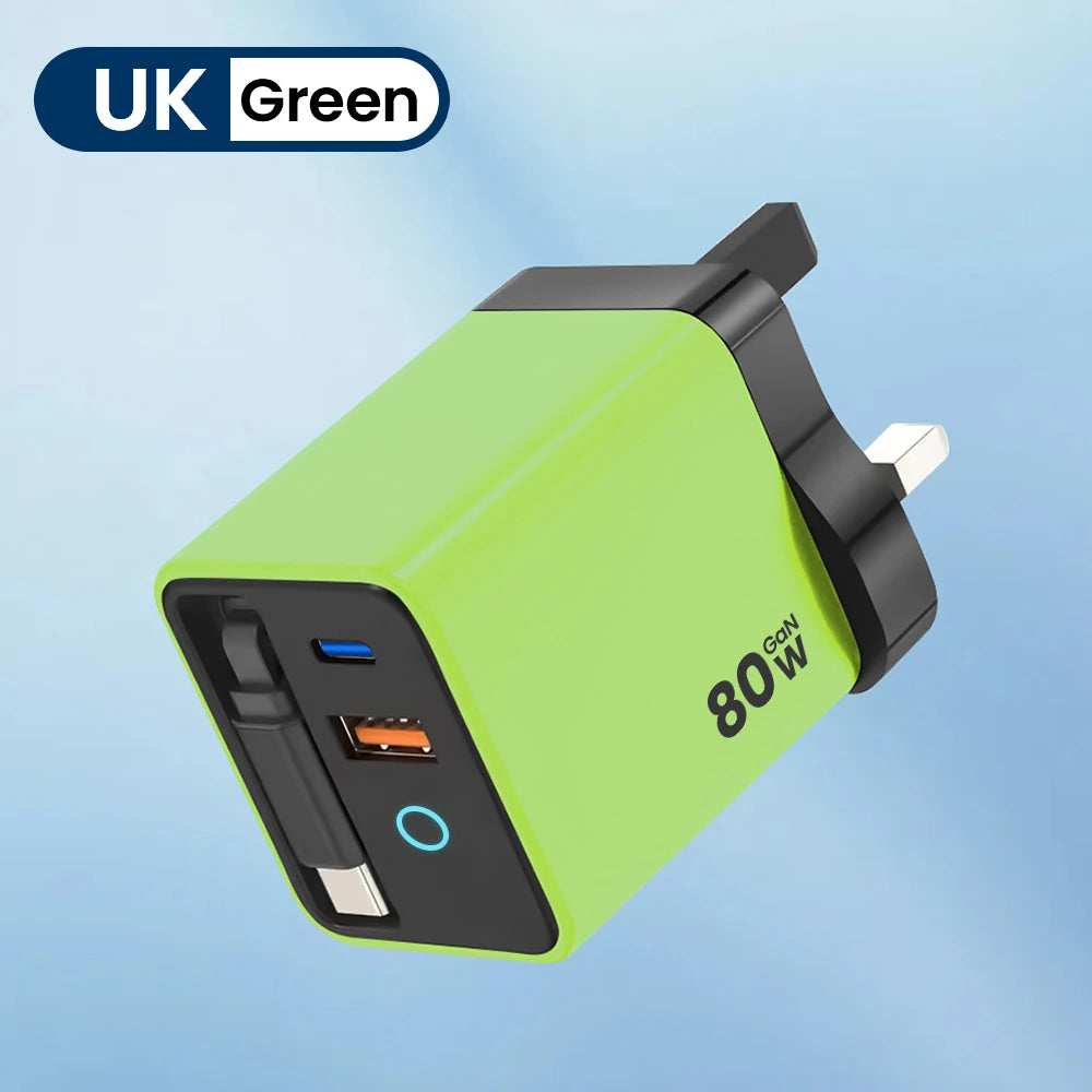 80W Super Fast Charge Type C USB Phone Charger With Telescopic USB C Cable For Iphone 16 15, Samsung, Laptop, With Light