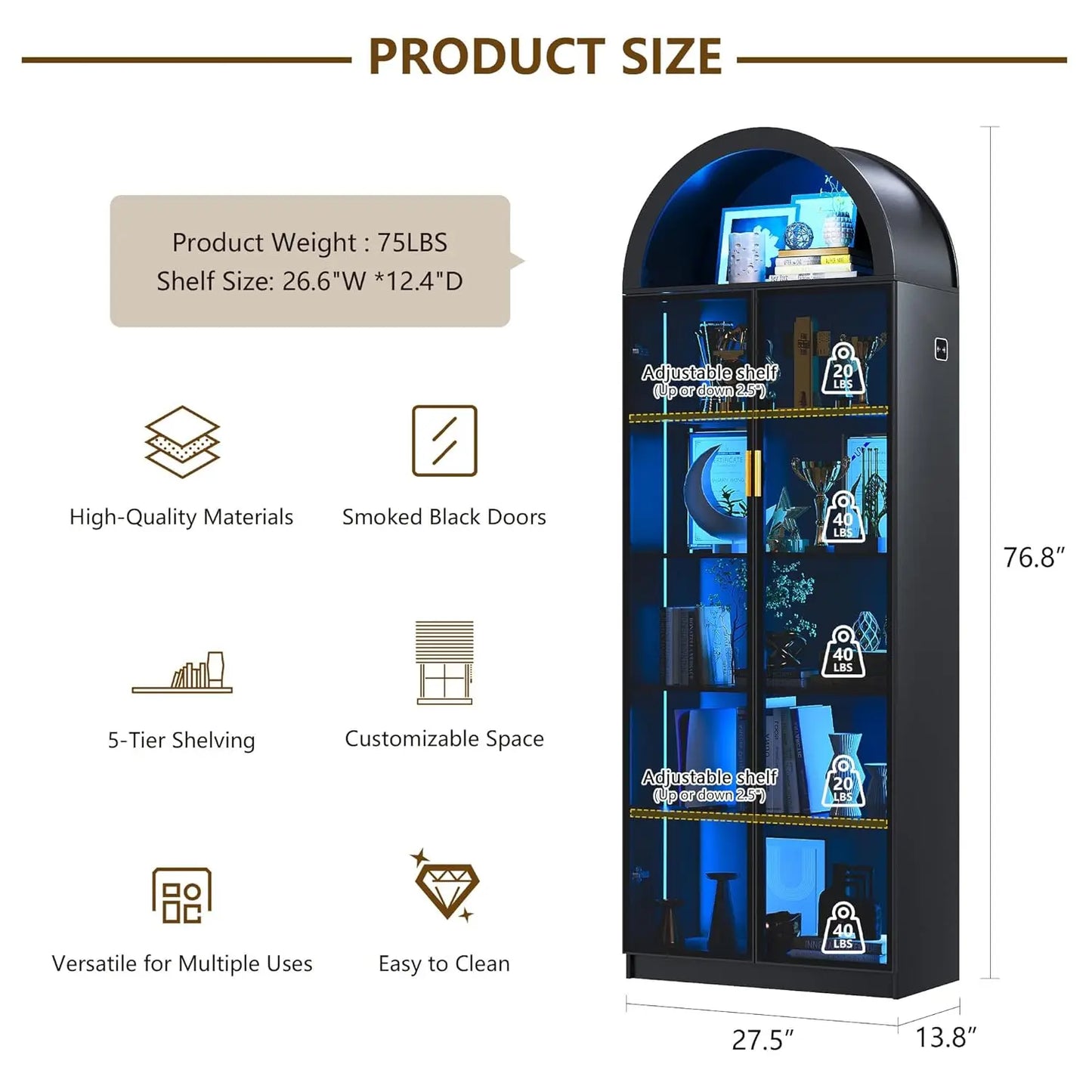 Arch Display Cabinet with Doors and Adjustable Shelves, 76" Tall Curio Cabinet with LED Lights/Storage Space