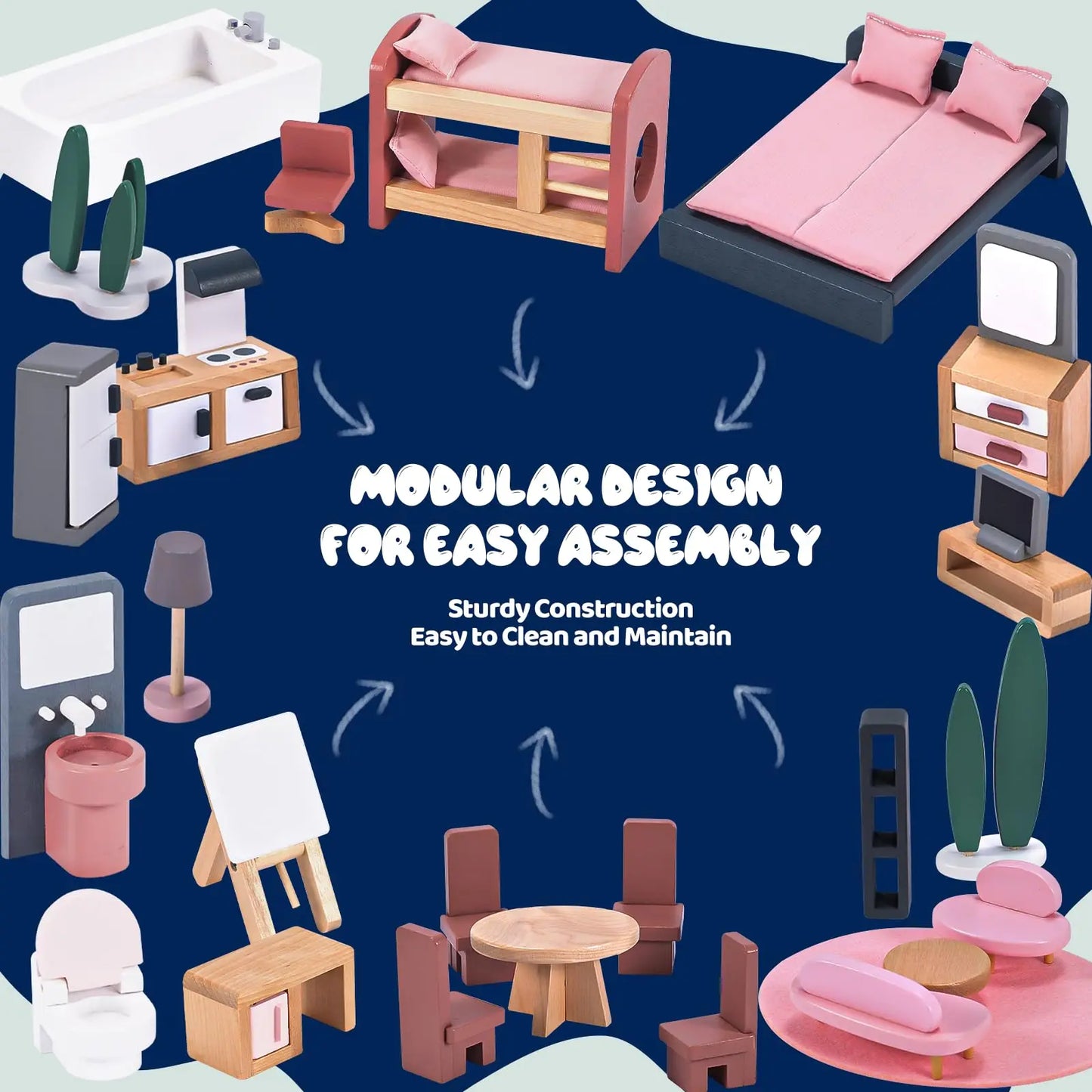 Large Wooden Dollhouse Kit with Realistic Furniture Design