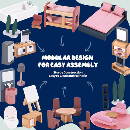 Large Wooden Dollhouse Kit with Realistic Furniture Design