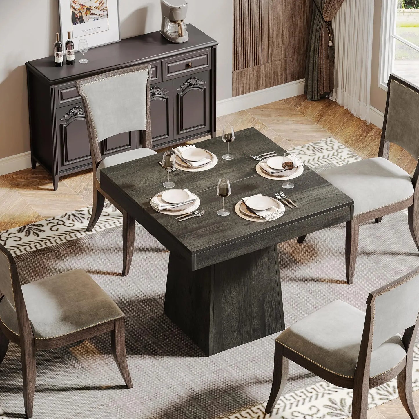 Square Dining Table for 4 with Sturdy Pedestal Base,