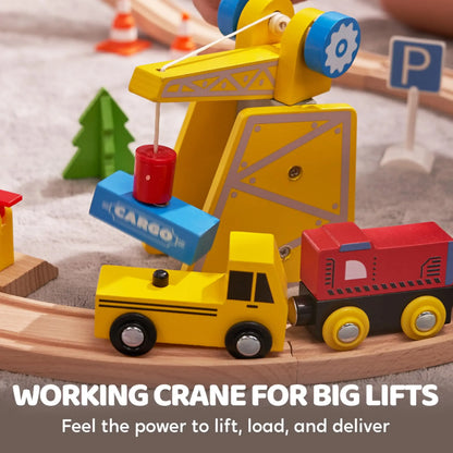 60 Pcs Kids Train Toy With Wooden Tracks & 6 Magnetic Trains Expandable Train Set for Toddlers