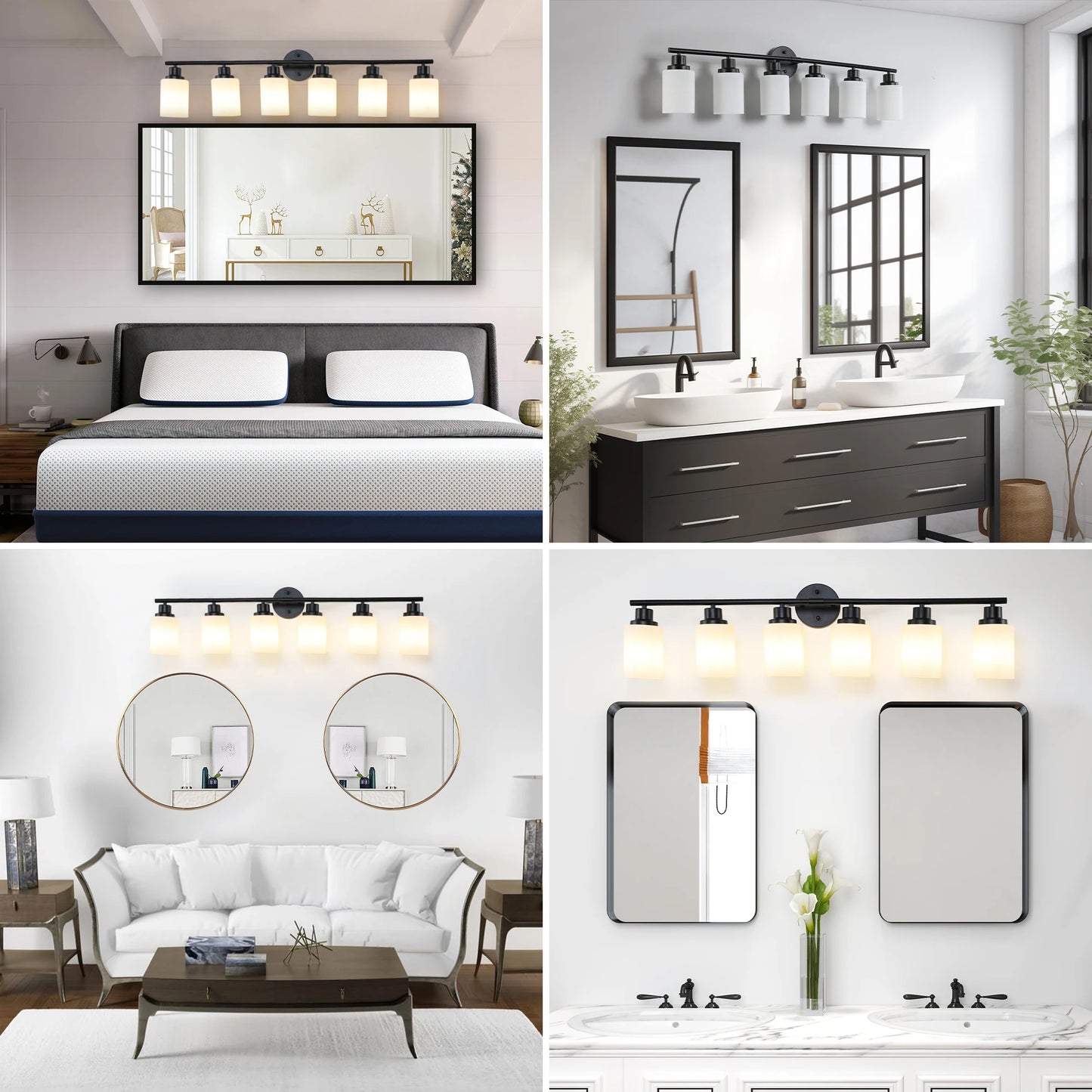 Modern 4/5/6 Vanity Bathroom Mirror Lights, With Frosted White Glass Lampshades and Black Iron Frame
