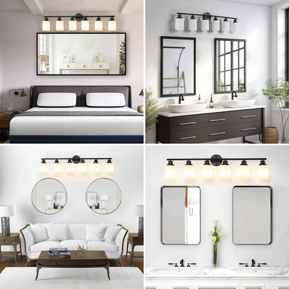 Modern 4/5/6 Vanity Bathroom Mirror Lights, With Frosted White Glass Lampshades and Black Iron Frame